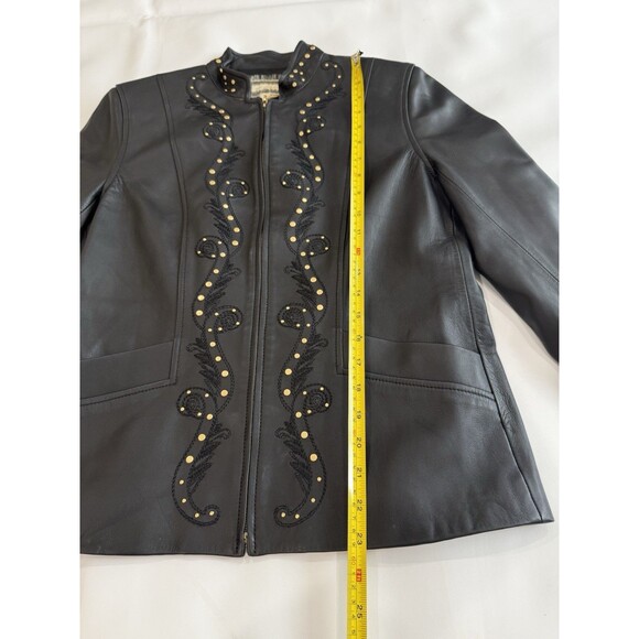 ST. JOHN Black Lamb Leather Gold Studded Embellished Jacket Sz Small Lined - Picture 5 of 13